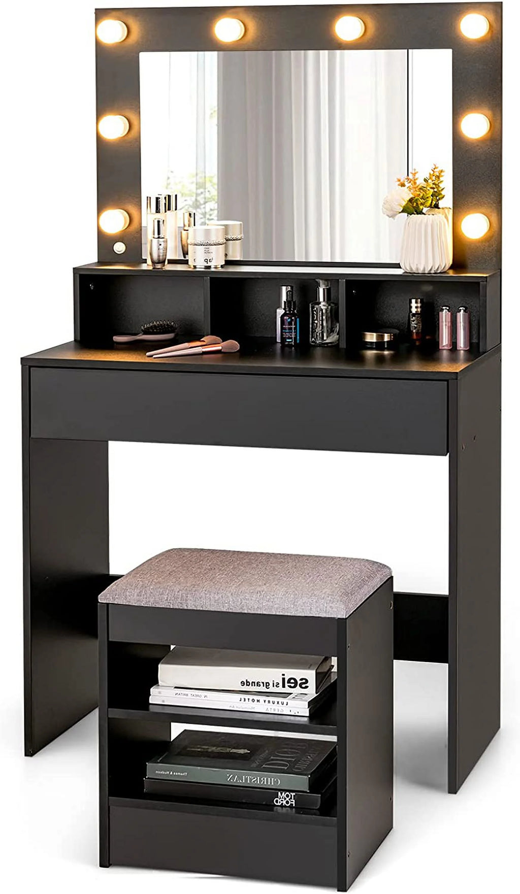 Black Vanity Table Set with Lighted Mirror, 8 Bulbs, Drawer and Cushioned Stool J311