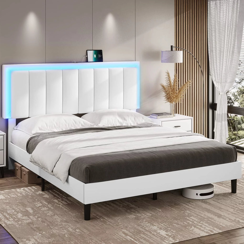 Black Leather Upholstered King Bed Frame with Charging Station and LED Lights Q374754
