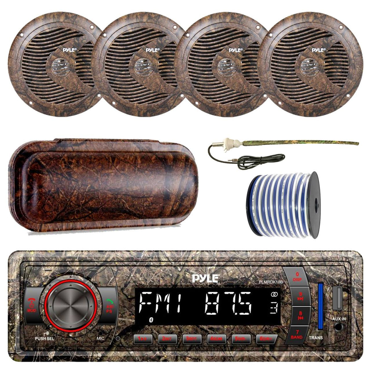 Single-DIN Bluetooth MP3 USB AUX Camo AM/FM Radio, 6.5" Waterproof Camo Speakers, Stereo Shield Cover L105