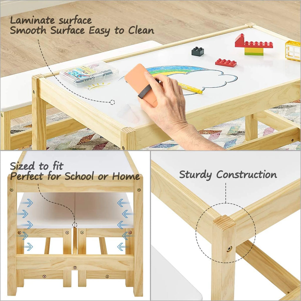 Wooden 3 In 1 Kids Play Table and Bench Chair Set F539570