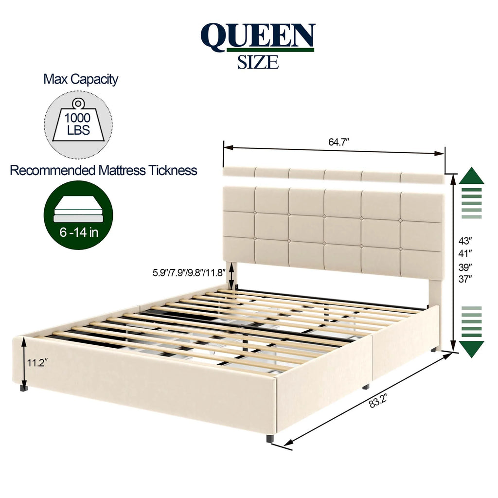 Queen Size Velvet Upholstered Platform Bed with Headboard and 4 Drawers S6838