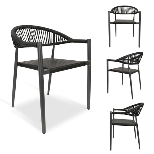 Black 4 Pcs Stackable Aluminum Rattan Patio Dining Chairs with Arms P48209
