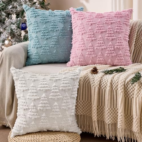 Dark Green Christmas Tree Pillow Covers 18 x 18 Set of 2 Plush Faux Fur C579
