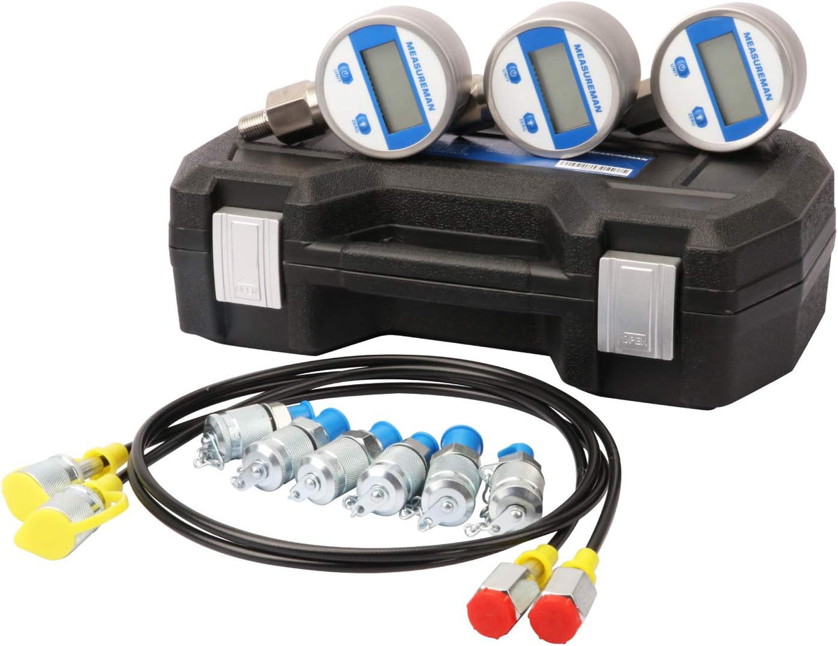 Excavator Hydraulic Digital Pressure Test Coupling Kit, 6 Couplings, 3 Gauges, 2 Hoses K112329