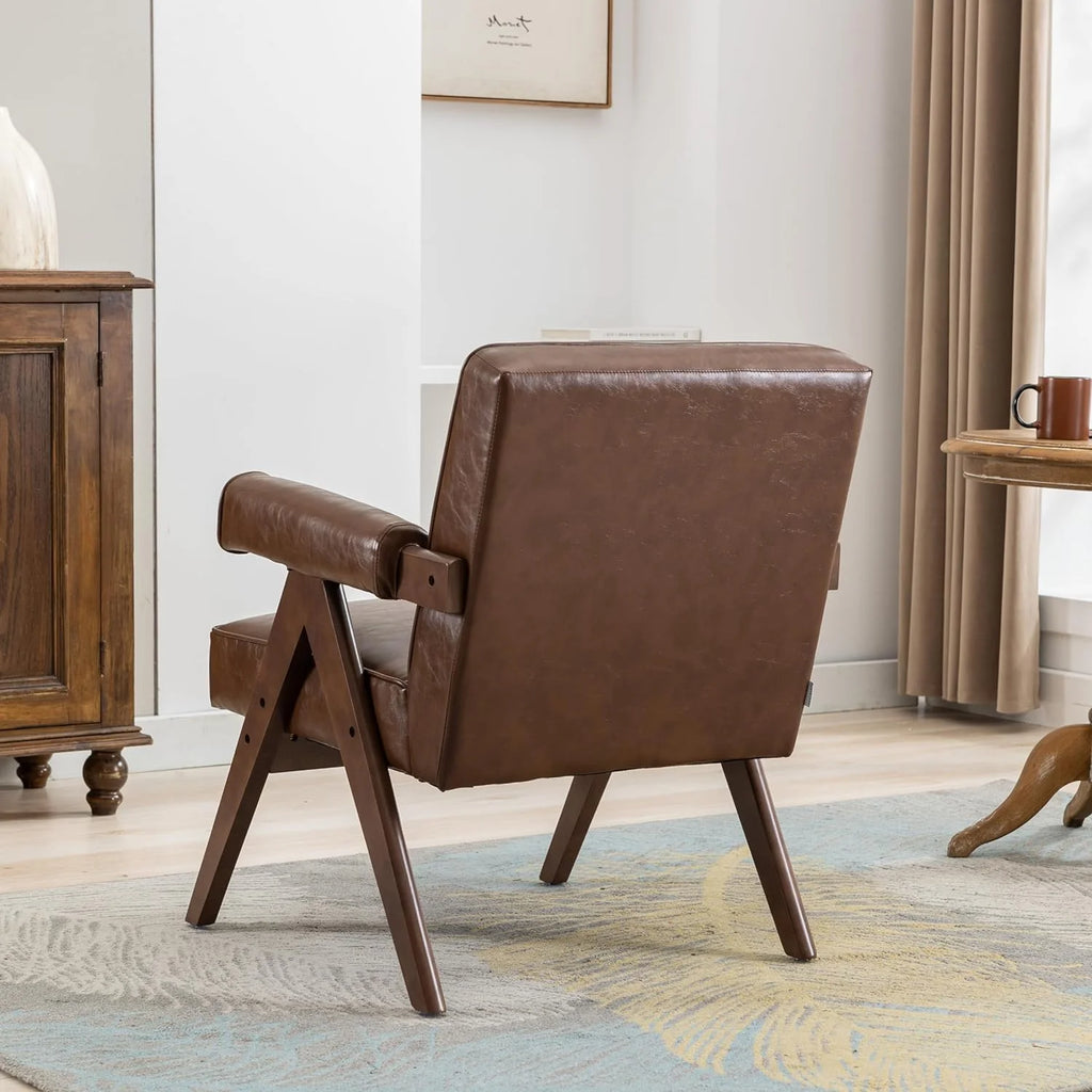 Brown PU Leather Accent Chair with Wood Armrest Z78192