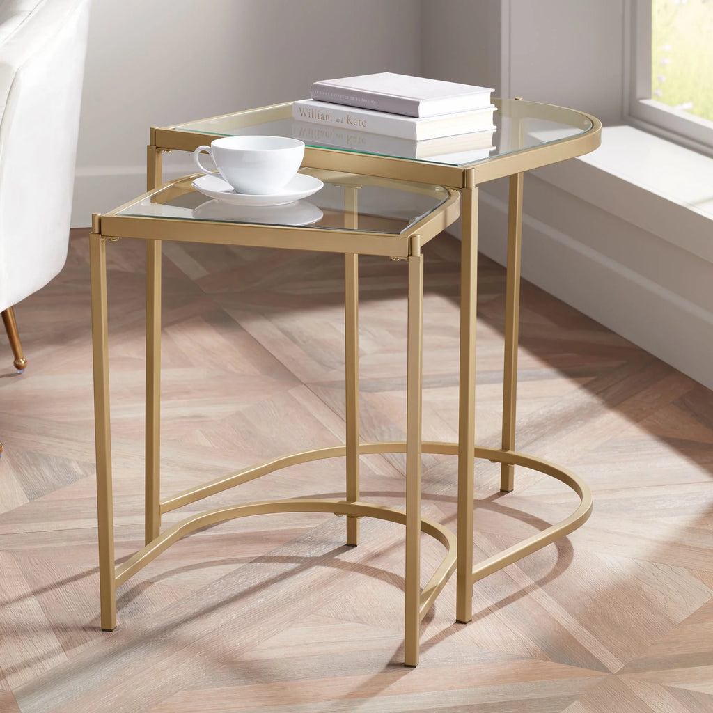Modern Metal Nesting Tables Set of 2 Gold Clear Tempered Glass T8380