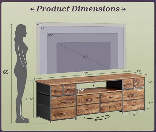 63 Inch 12 Drawer Dresser TV Stand with LED Lights and Power Outlets N8566
