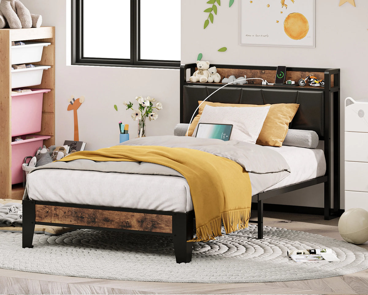 King Metal Bed Frame with Black Storage Headboard L744209