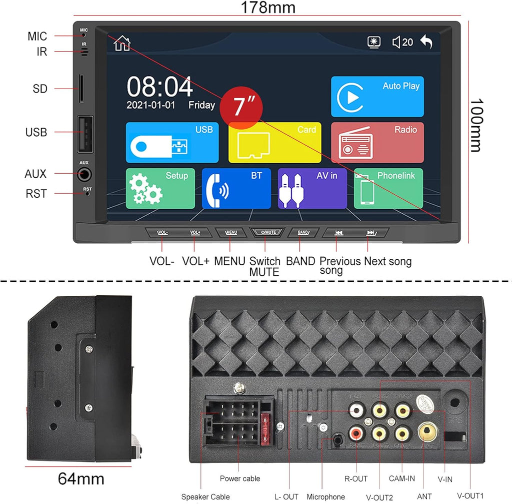 Double Din Car Stereo with 7” Touchscreen and Backup Camera S921026
