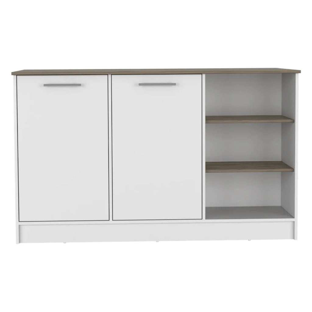 White Dark Brown Kitchen Island with Two Cabinets and Three Open Shelves H42784