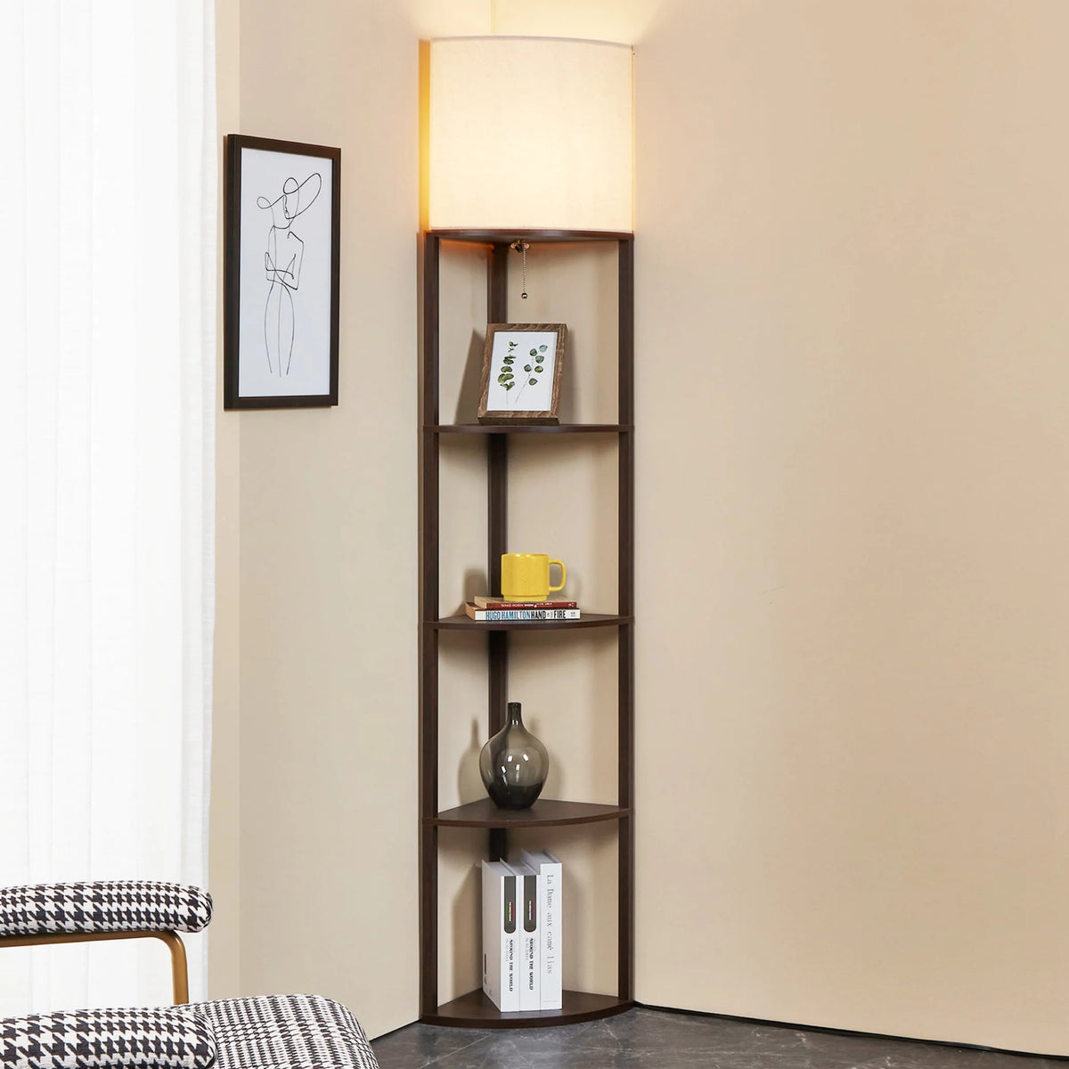 Tall Modern Corner Floor Lamp with Shelves, Natural Wood, 72 P762519