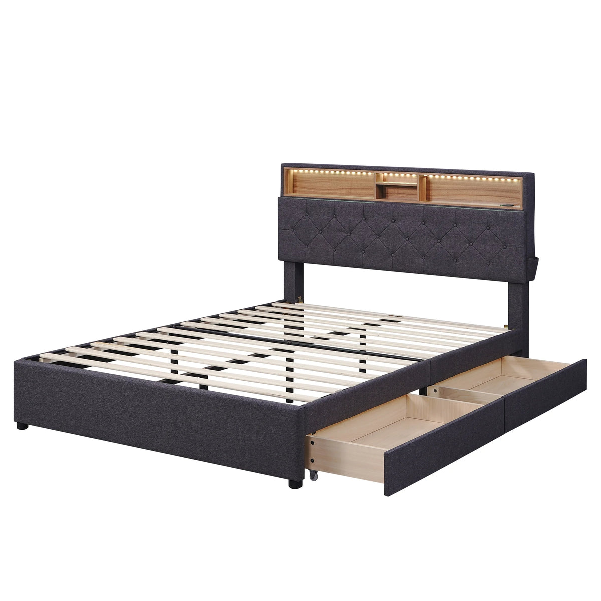 Upholstered Full Platform Bed with Shelf and 2 Drawers T9298