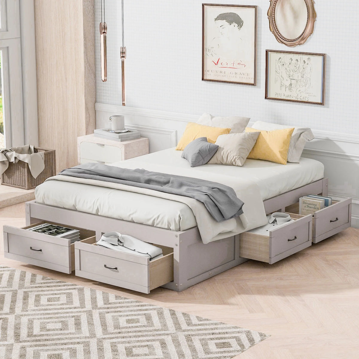 Full Size Wood Captain Bed with 6 Storage Drawers O175