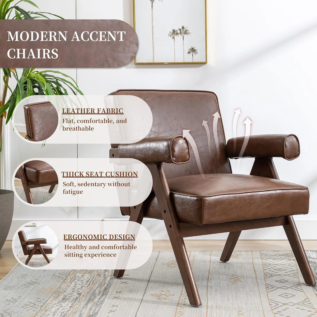 Brown PU Leather Accent Chair with Wood Armrest Z78192