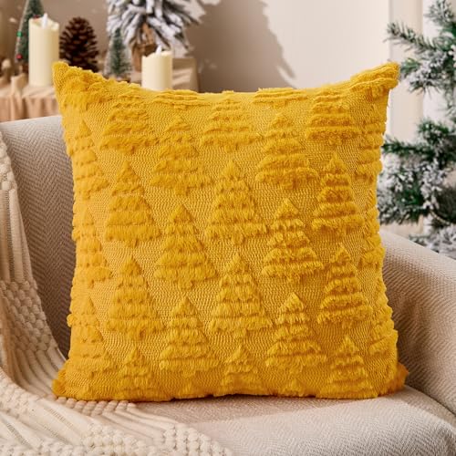Dark Green Christmas Tree Pillow Covers 18 x 18 Set of 2 Plush Faux Fur C579