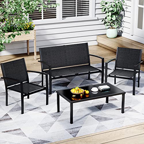 4 Pieces Patio Furniture Set with Glass Coffee Table, Black N521
