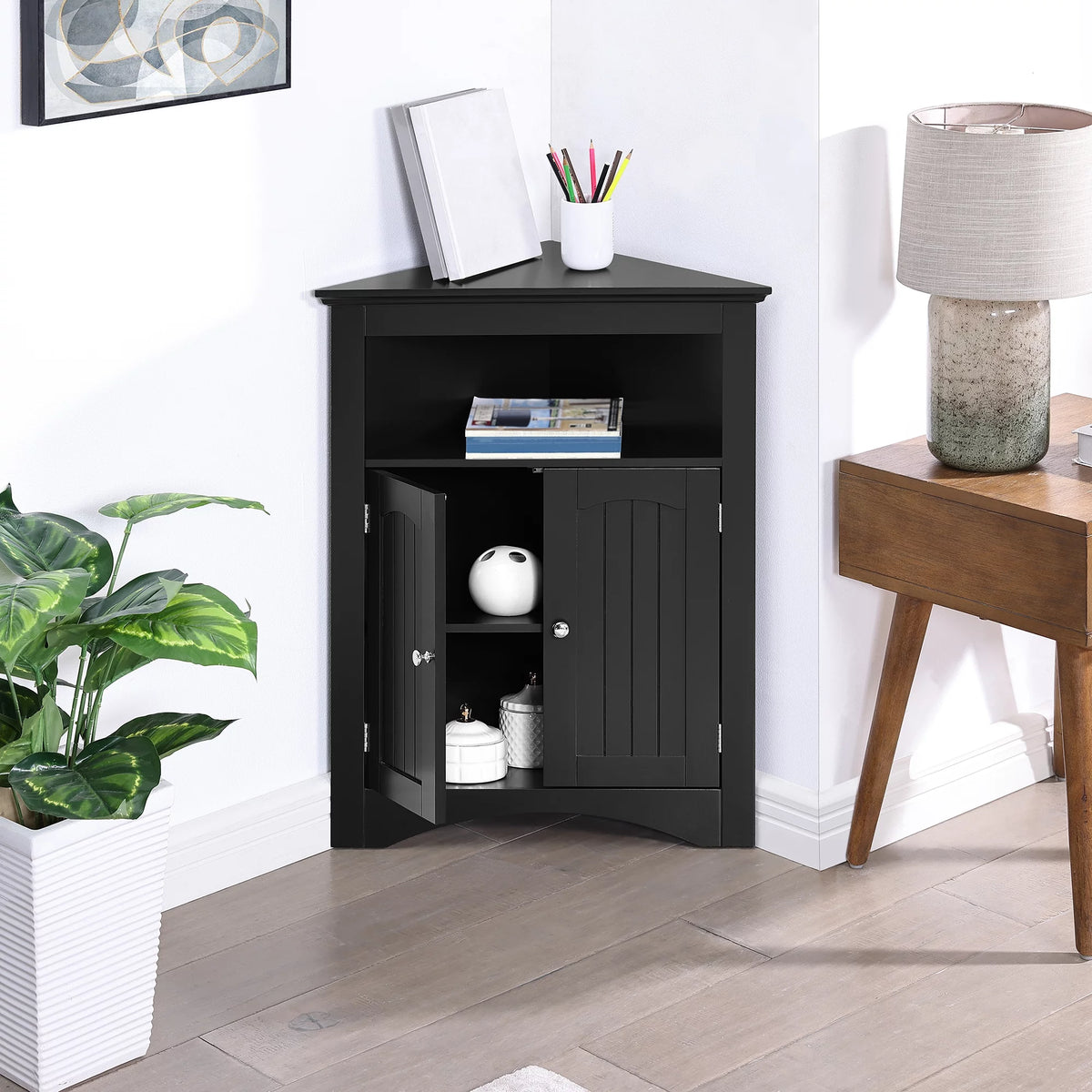 Free Standing Corner Storage Cabinet with Doors and Shelves T6466