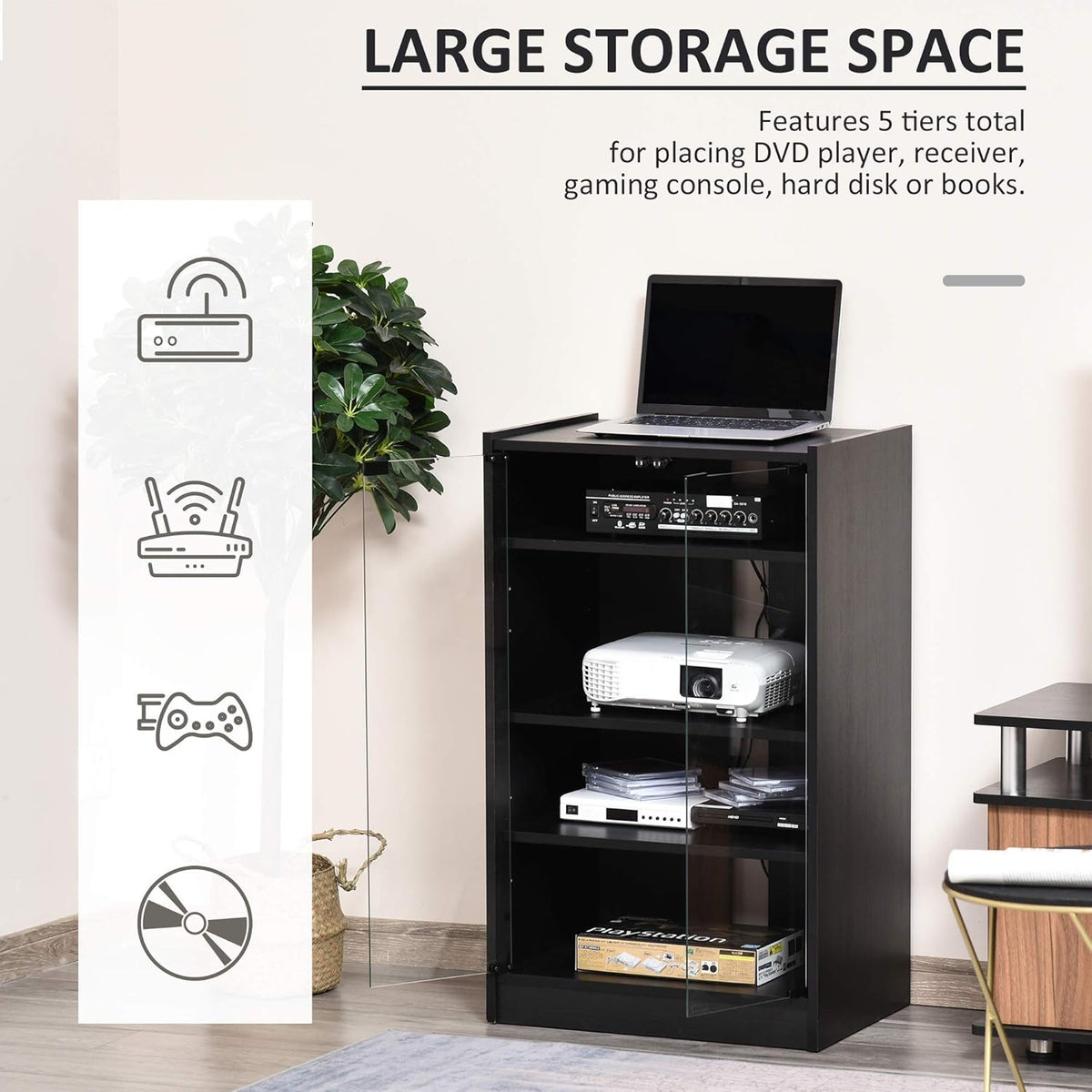 Black 5-Tier Media Stand Cabinet with Tempered Glass Doors A38033