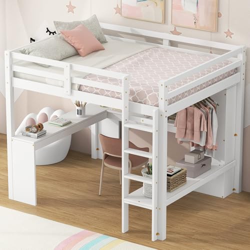 Full Size White Pine Wood Loft Bed with L Shaped Desk and Wardrobe P659174