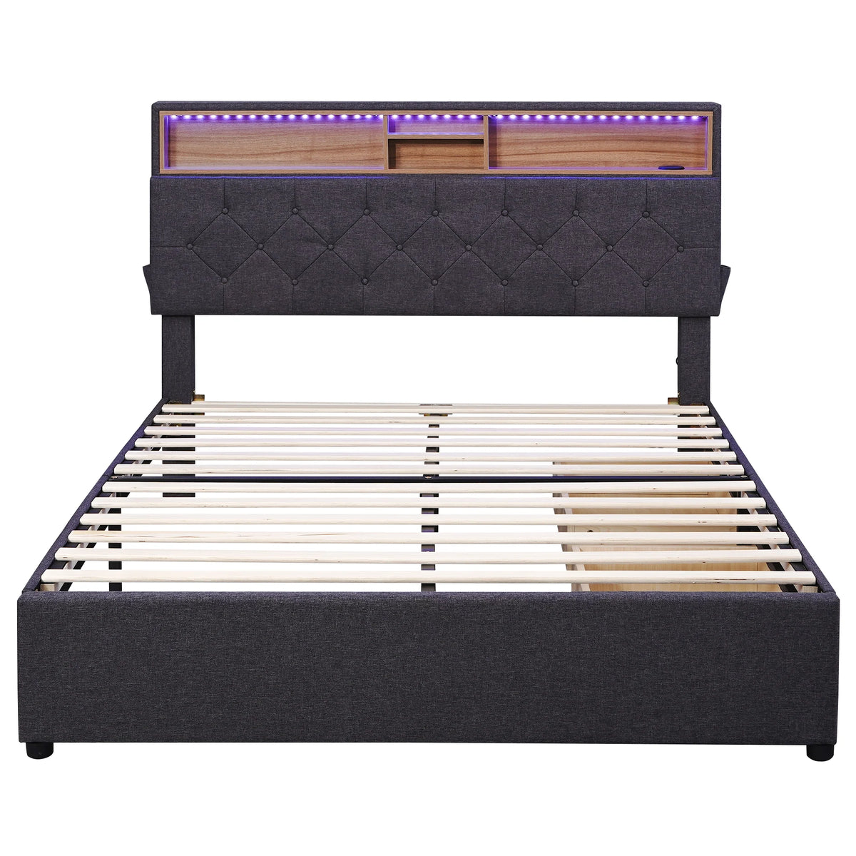 Upholstered Full Platform Bed with Shelf and 2 Drawers T9298