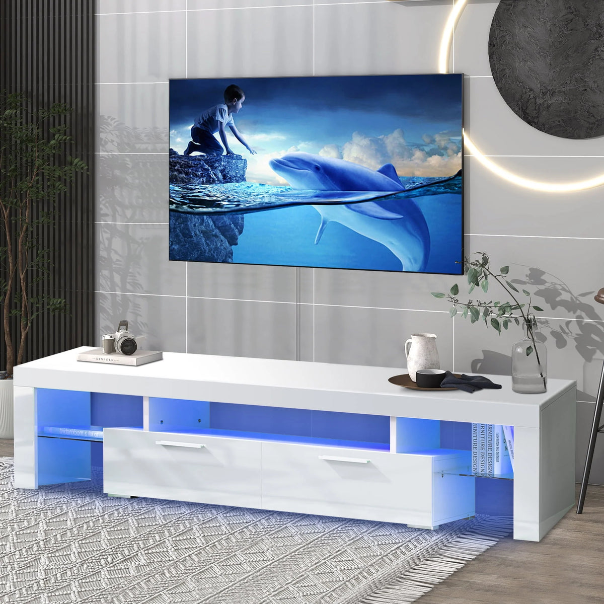 White High Gloss TV Stand with Storage Shelves A983947