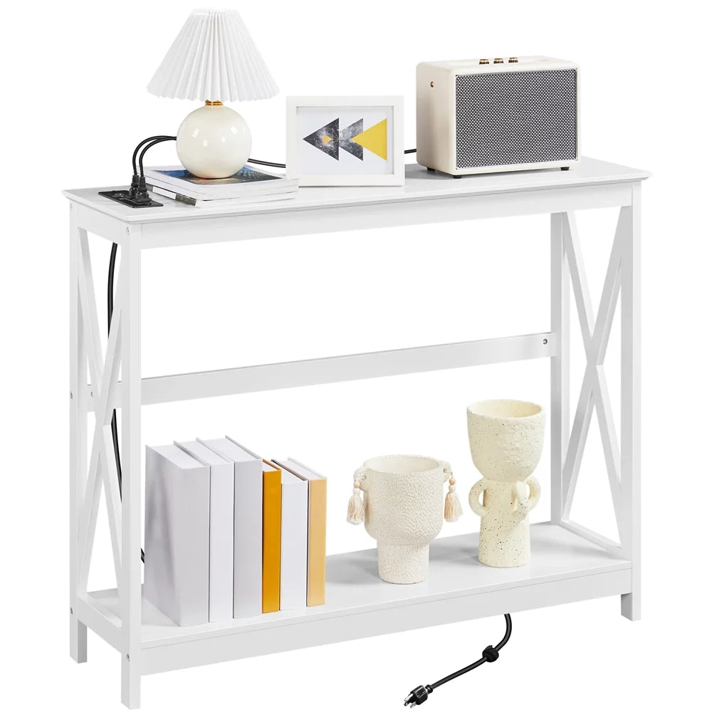 White 2-Tier Wooden Console Table with Power Outlet A4123