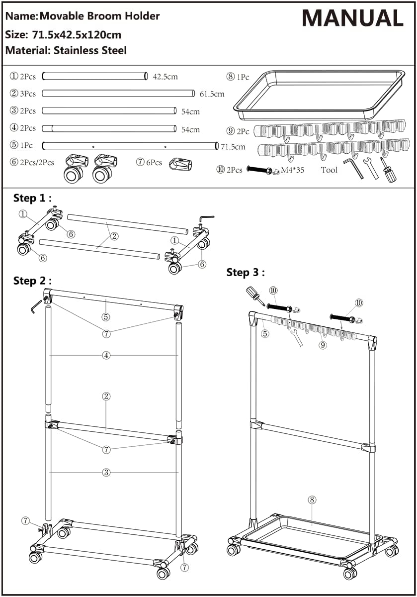 Floor Standing Broom Holder Organizer 10 Racks 8 Hooks A617