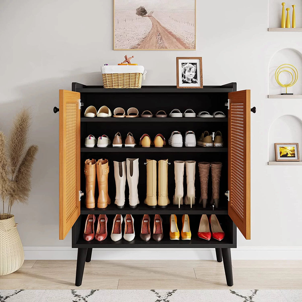 Black Orange 6 Tiers Shoe Cabinet with Doors H162
