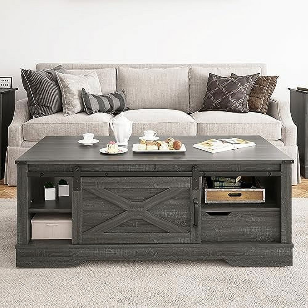 Dark Grey 48'' Rustic Coffee Table with Sliding Barn Door S7289