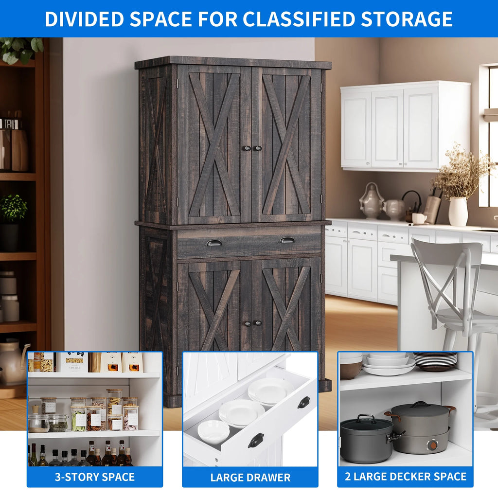 72" 4 Door 6-Tier Rustic Oak Kitchen Pantry Storage Cabinet T60680