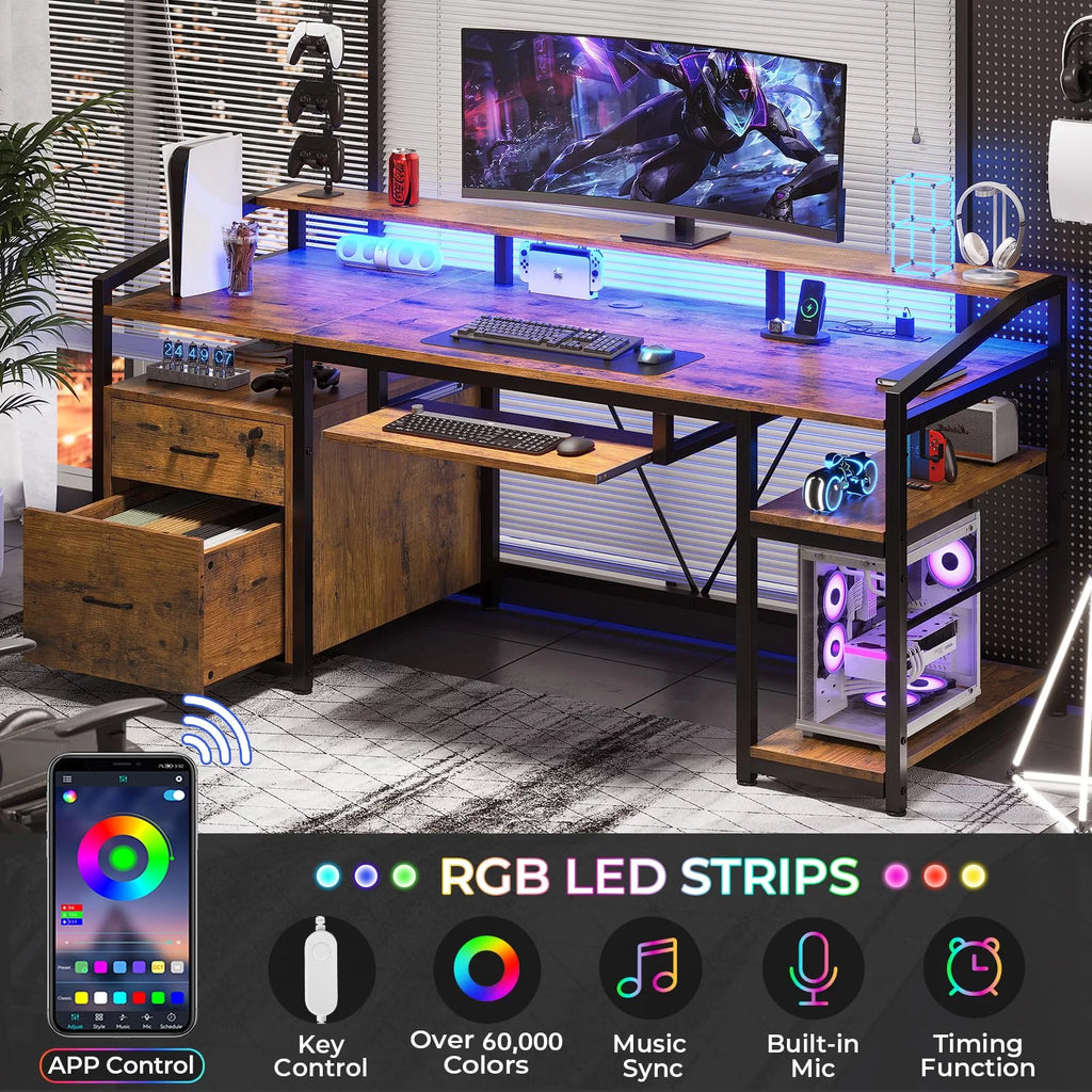 Computer Desk with LED Light and Power Outlet, 63 inches Gaming Desk with Lock Drawers P28089