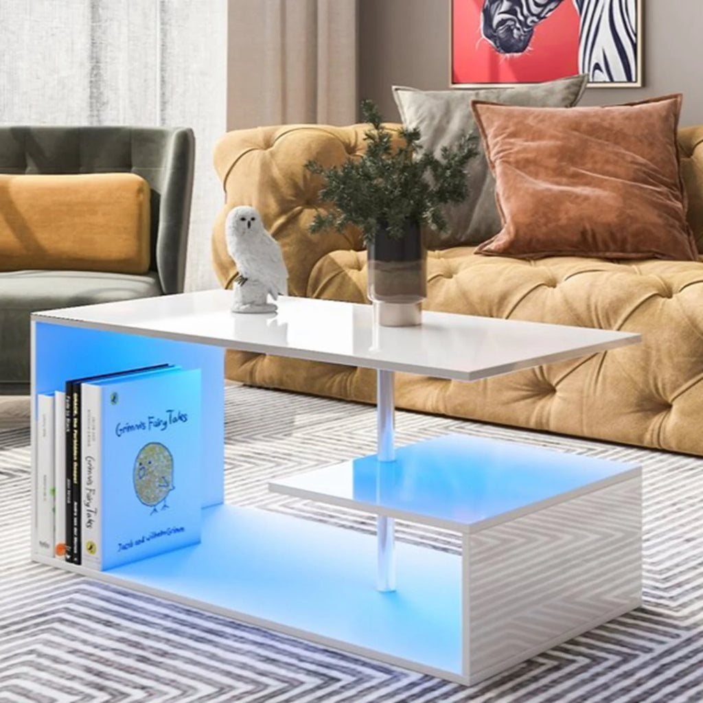High Gloss Coffee Table with Open Shelf LED Lights White S Shaped Y2252