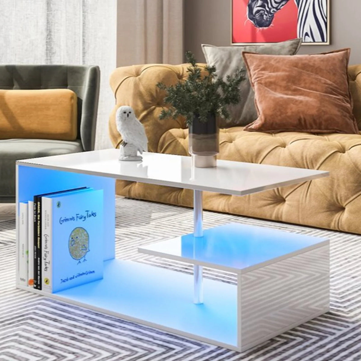High Gloss Coffee Table with Open Shelf LED Lights White S Shaped Y2252