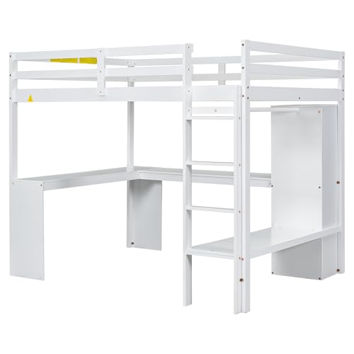 Full Size White Pine Wood Loft Bed with L Shaped Desk and Wardrobe P659174