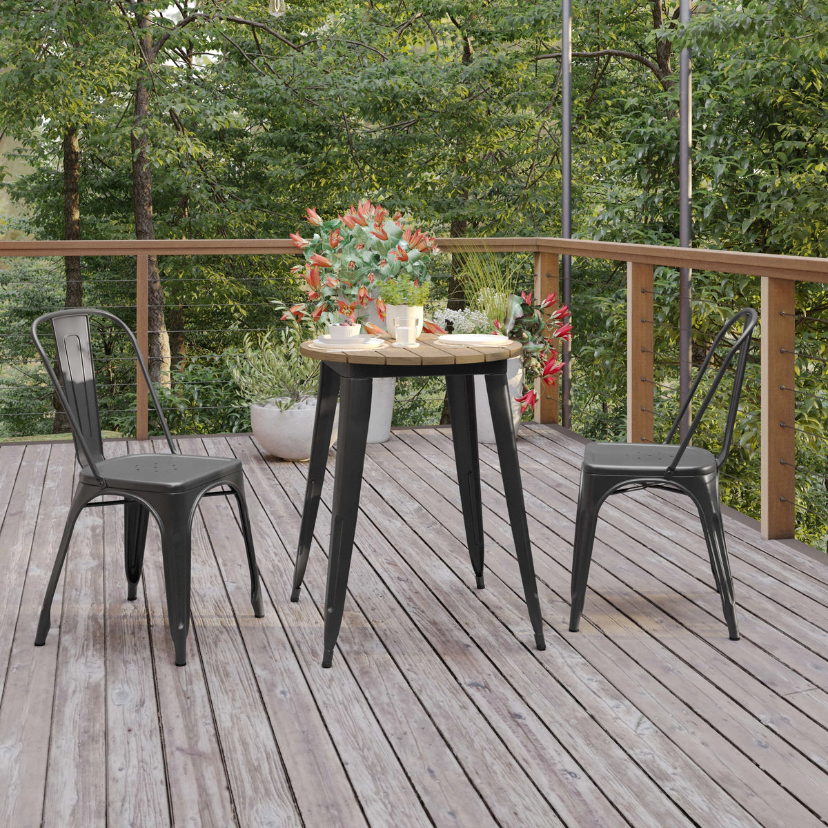 Commercial Grade Indoor/Outdoor Dining Table, Brown Poly Resin Top with Black Steel Base S255