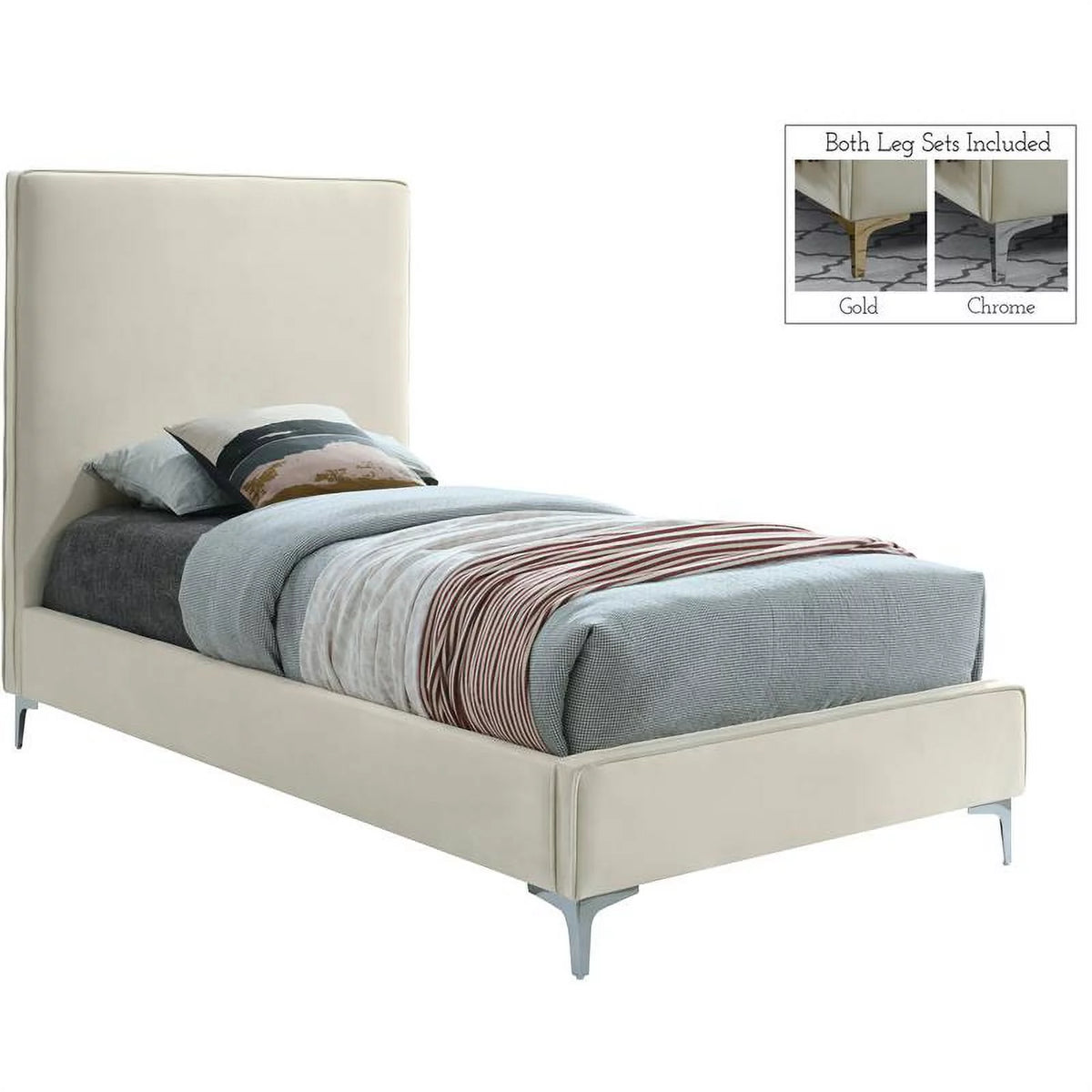 Cream Velvet Twin Bed with Gold and Chrome Legs H72382