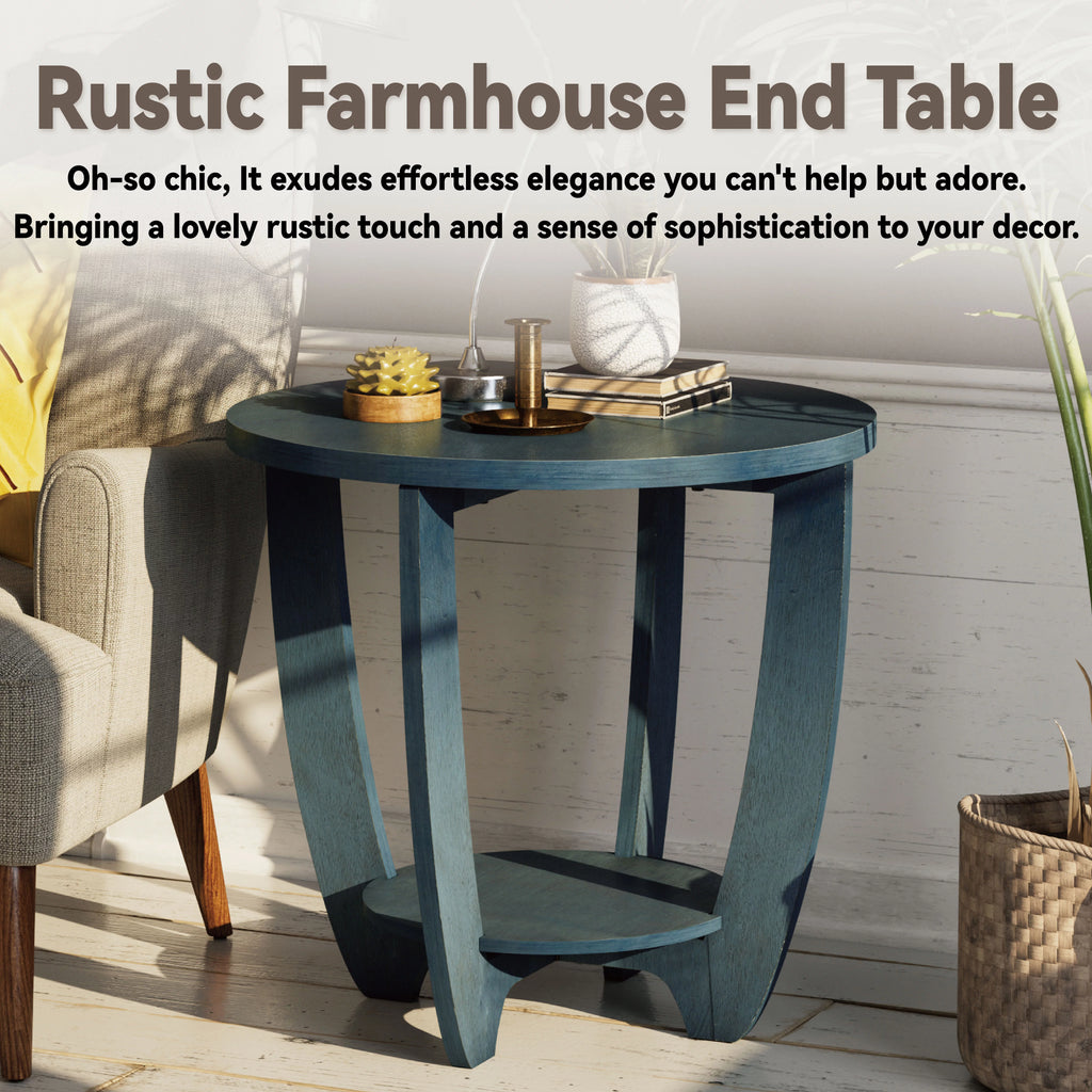 Rustic Round End Table with Storage Shelf F9964