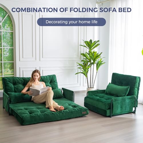 Green Velvet Convertible Floor Sofa Bed with 2 Pillows M5366