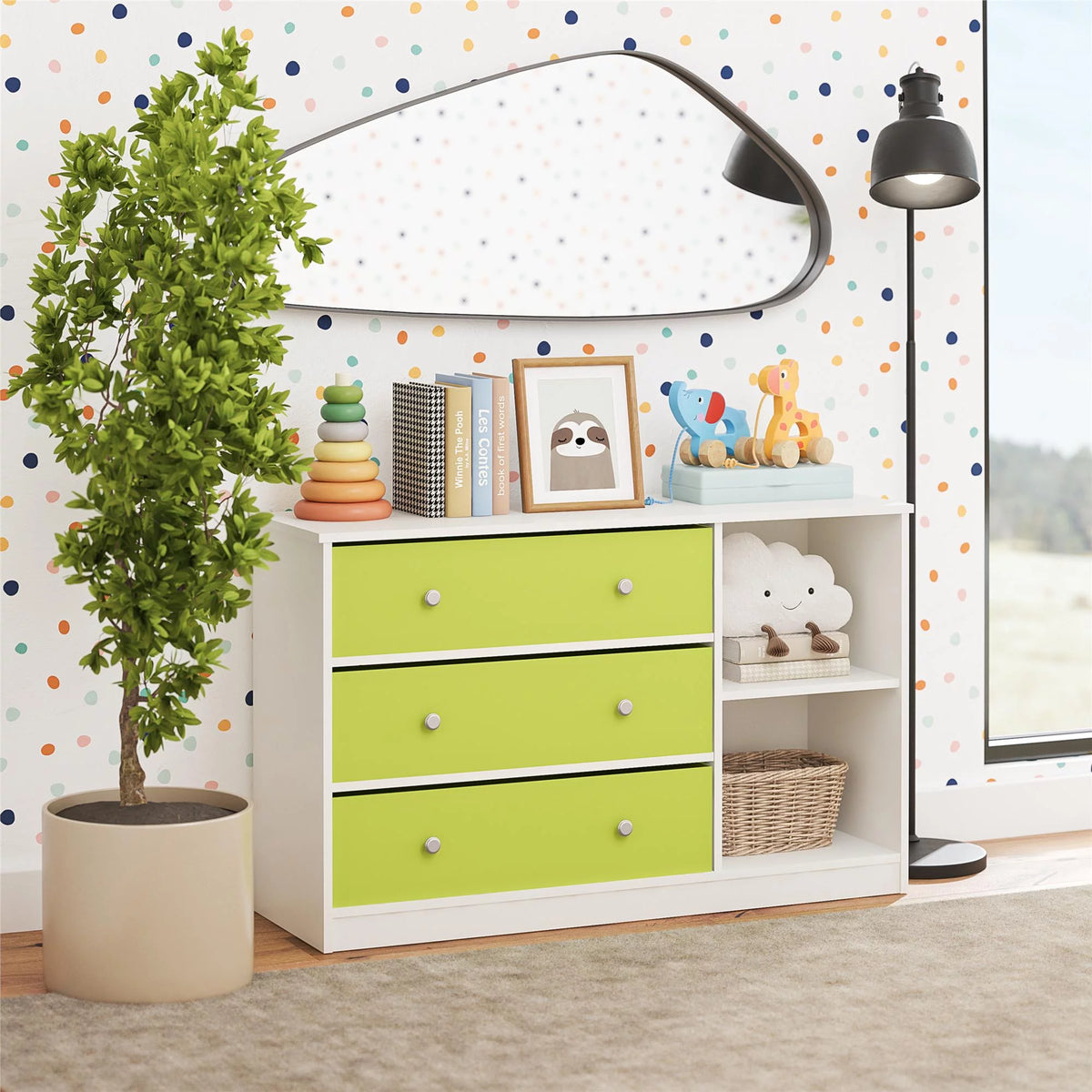White Wide Dresser with 3 Fabric Bins U154836