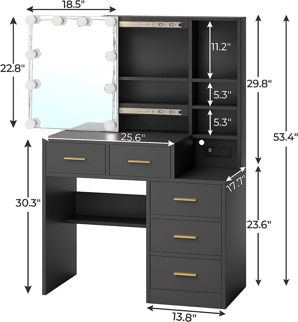 Black Vanity Table with Sliding Mirror and LED Lights J56592