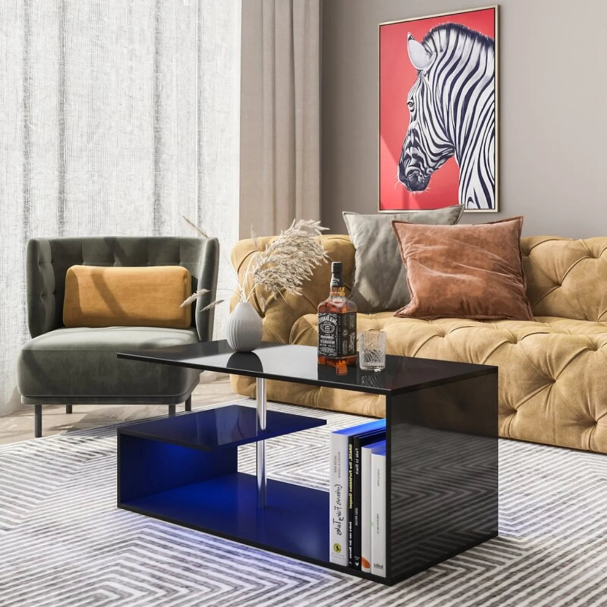 High Gloss Coffee Table with Open Shelf LED Lights White S Shaped Y2252