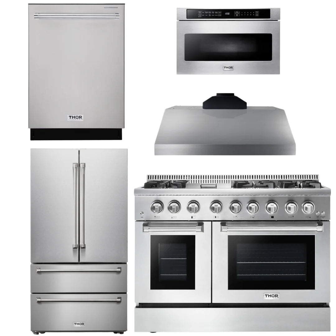 48 In. Dual Fuel Range, Range Hood, Refrigerator, Dishwasher, Microwave Drawer P277