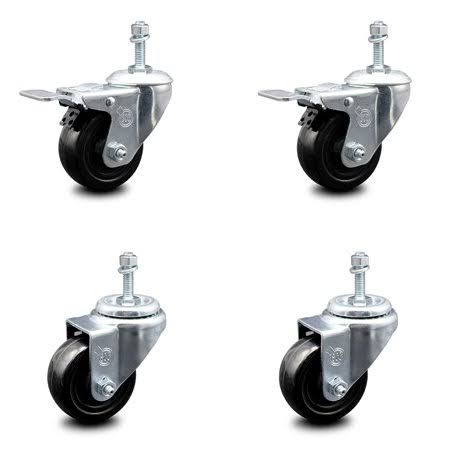 3 inch Hard Rubber Swivel Threaded Stem Caster Set with 2 Lock Brakes D87346