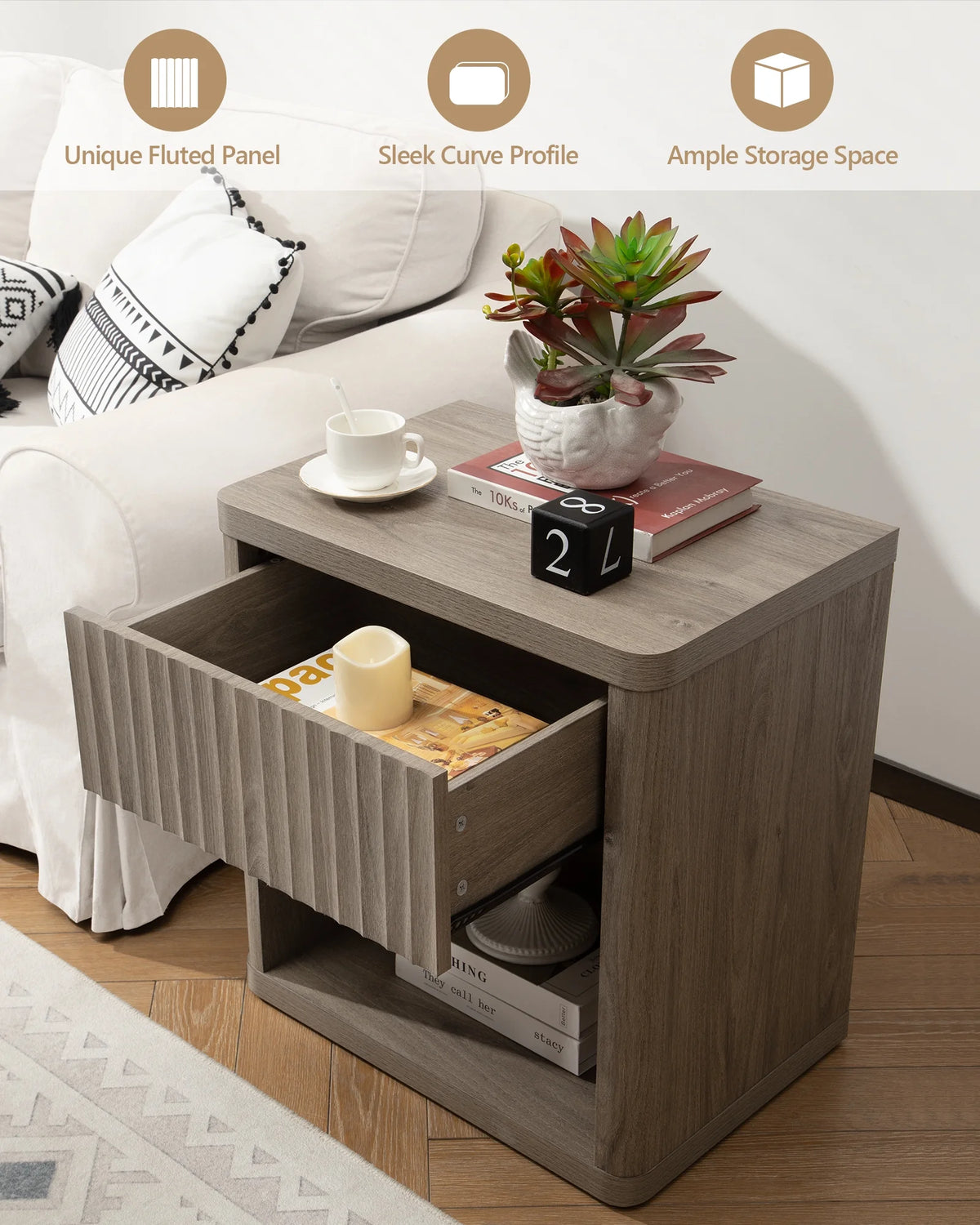 Gray Set of 2 Wood Nightstands with Drawer Y519