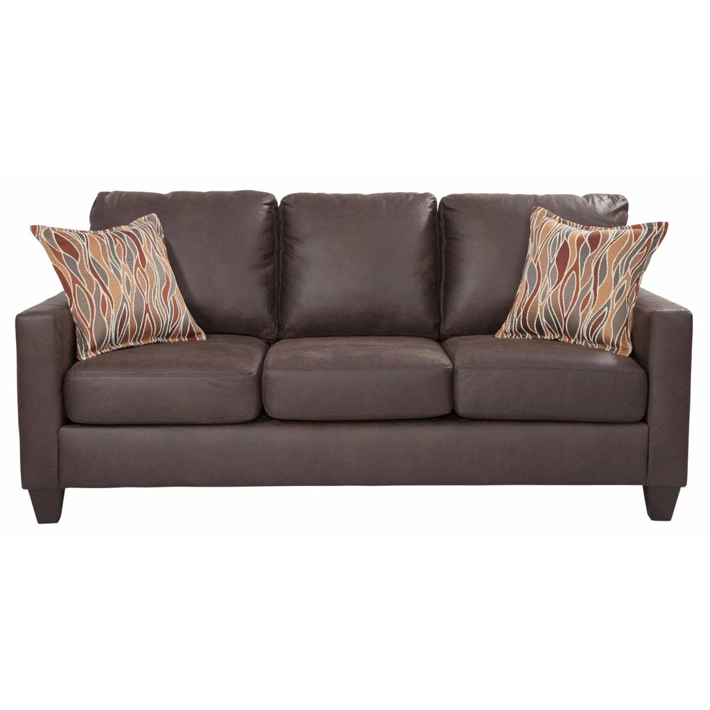 Pinto Brown Faux Leather Square Arm Sofa with Two Accent Pillows S22343