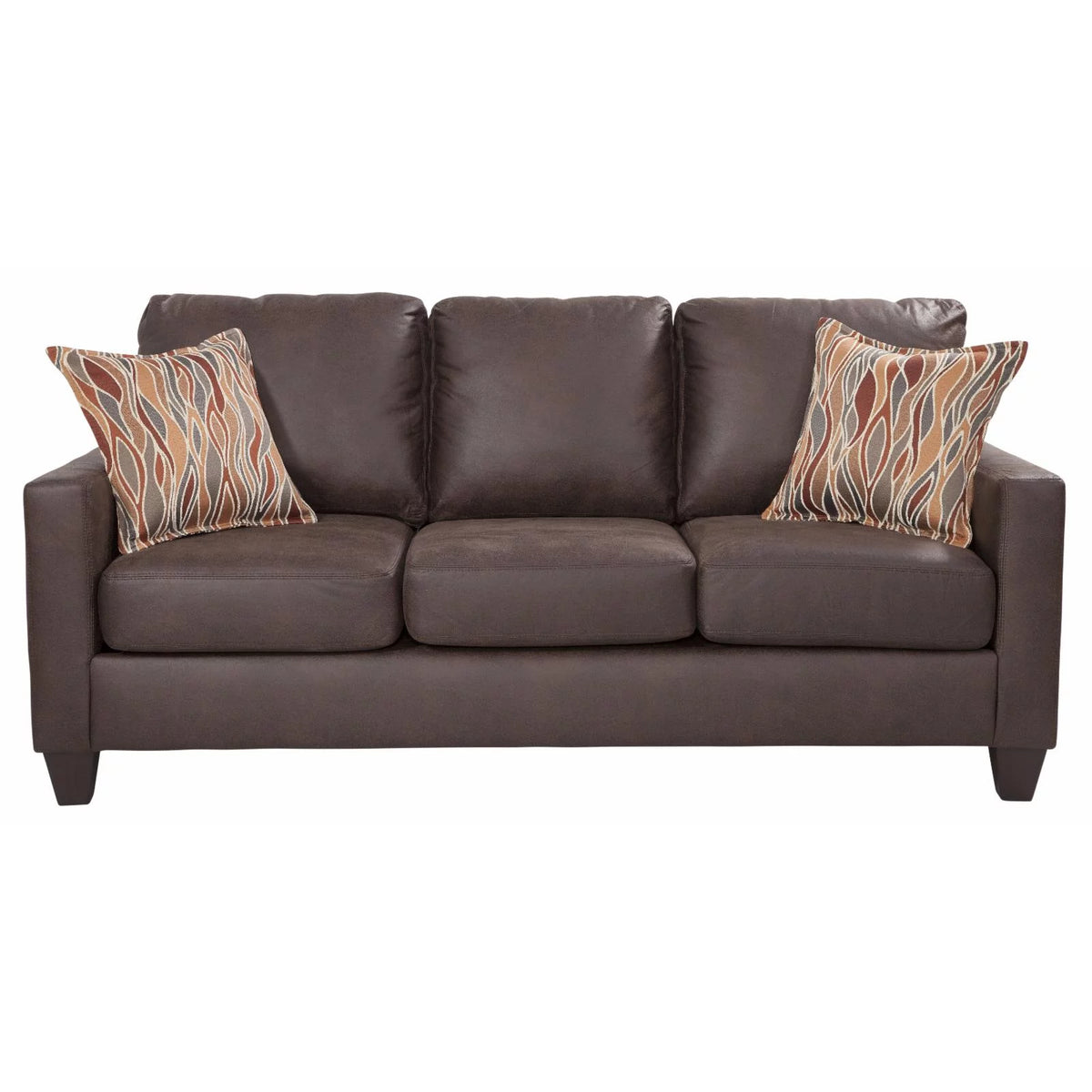 Pinto Brown Faux Leather Square Arm Sofa with Two Accent Pillows S22343