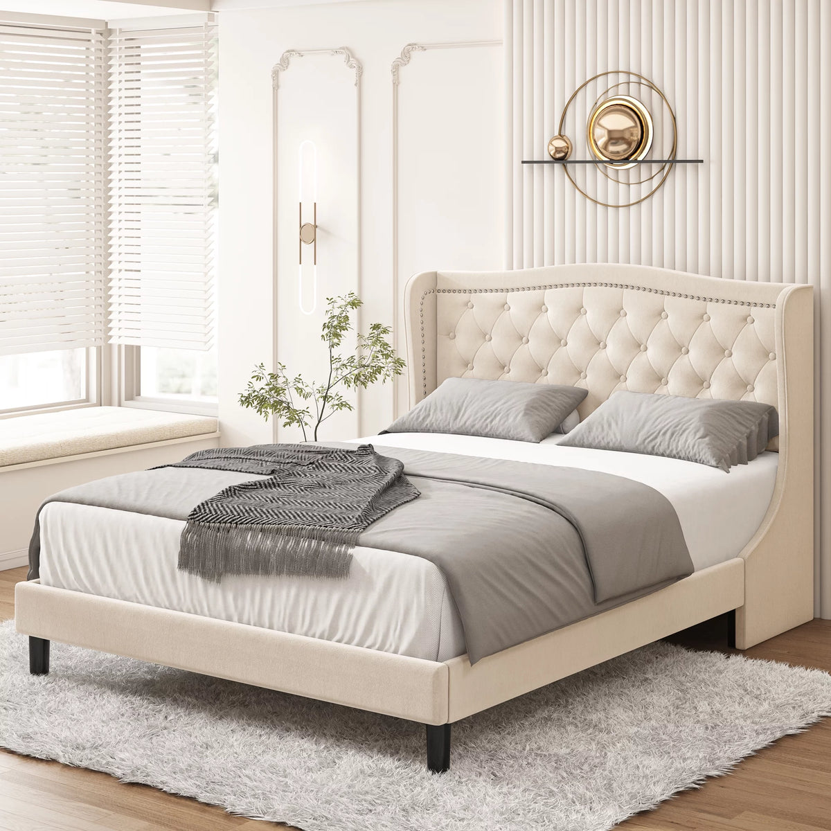 King Bed Frame with Wing-Back Button Tufted Upholstered Headboard V61355