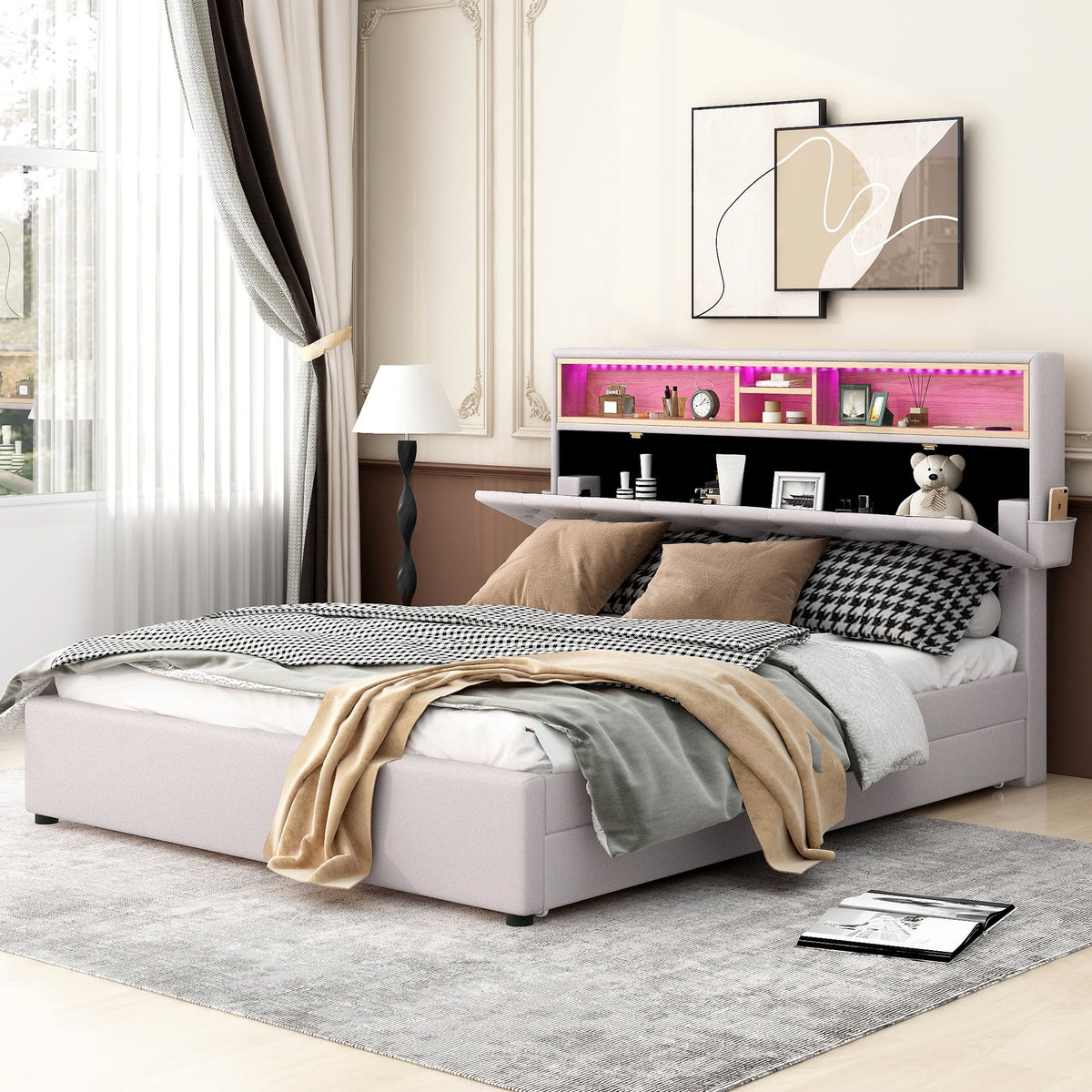 Beige Queen Size Upholstered Platform Bed with Storage Headboard S526858