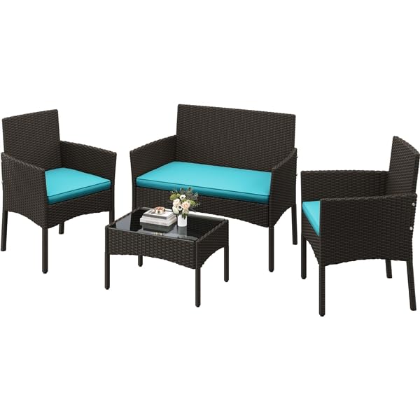 4 Pieces Rattan Wicker Patio Furniture Set with Cushion and Glass Table Y960979