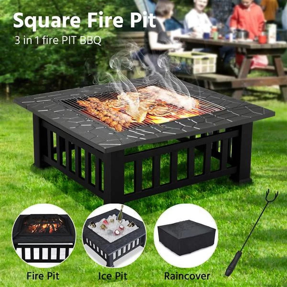 32'' Black Metal Square Fire Pit with Cover U2898
